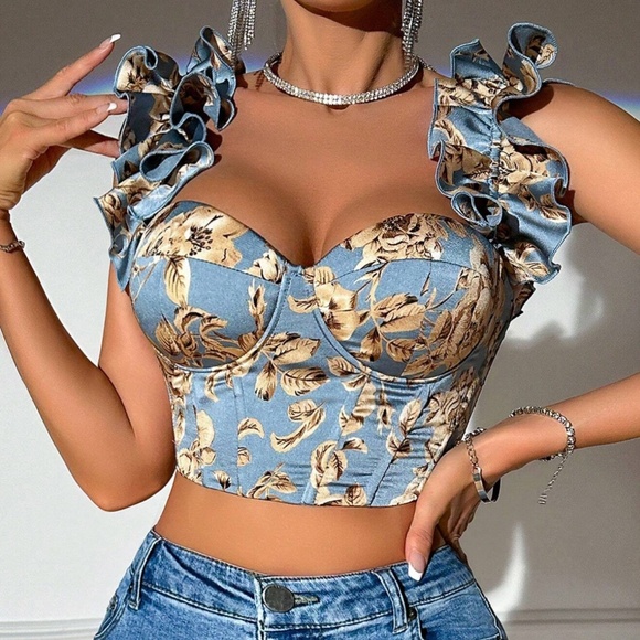 French Floral Corset Lace Up Bustier Crop Top main image 0